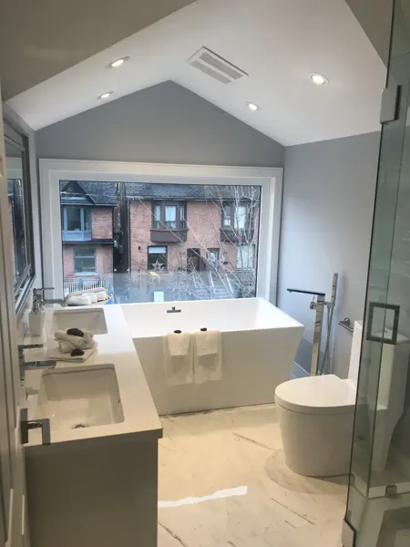 Completed freestanding tub and double vanity