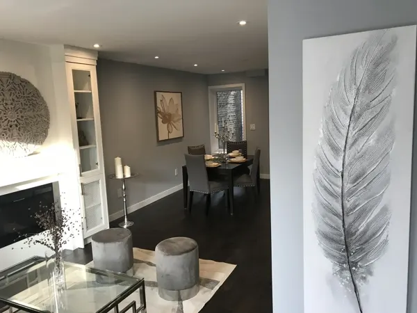 Finished fireplace and dining room