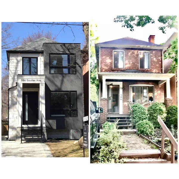 Front exterior transformation — original and finished facade