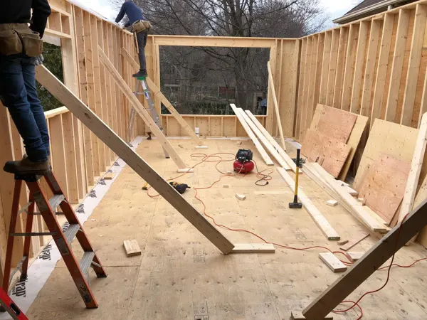 Rear addition — wall framing and temporary bracing