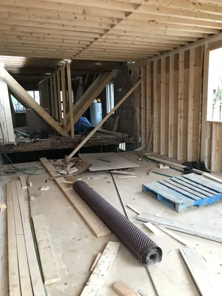 Rear addition — framing where the extension joins the house