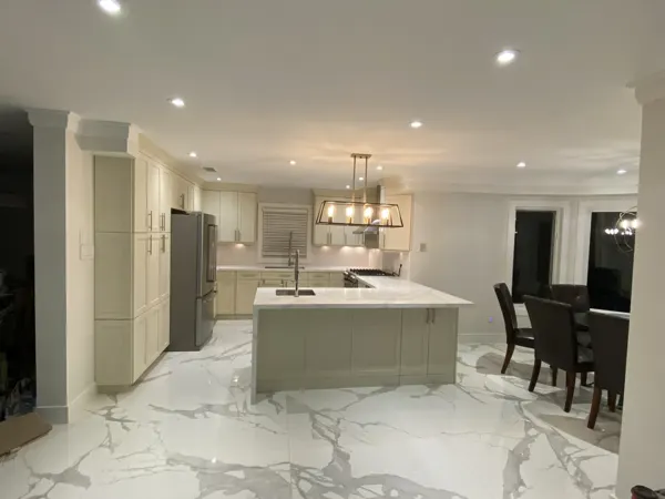 Completed white kitchen and central island
