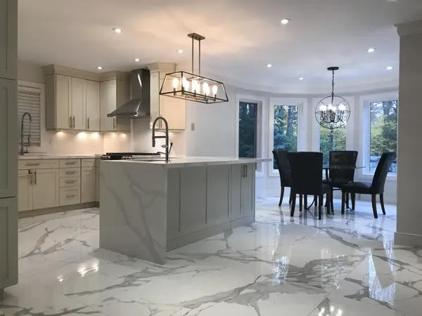 Finished island, range and bay dining area