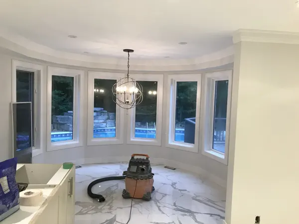 Bay dining area during kitchen installation and cleanup