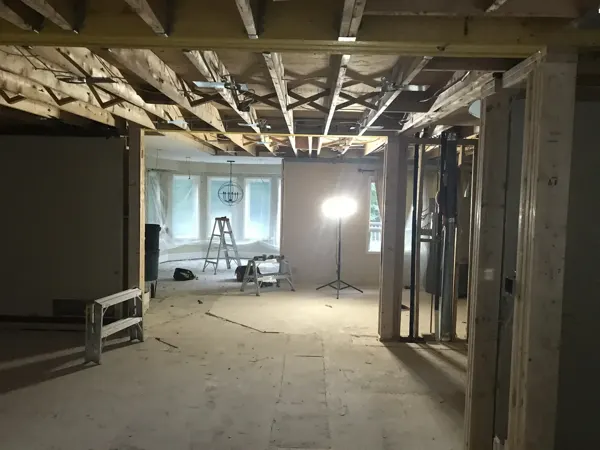 Exposed ceiling and new openings toward the bay dining area