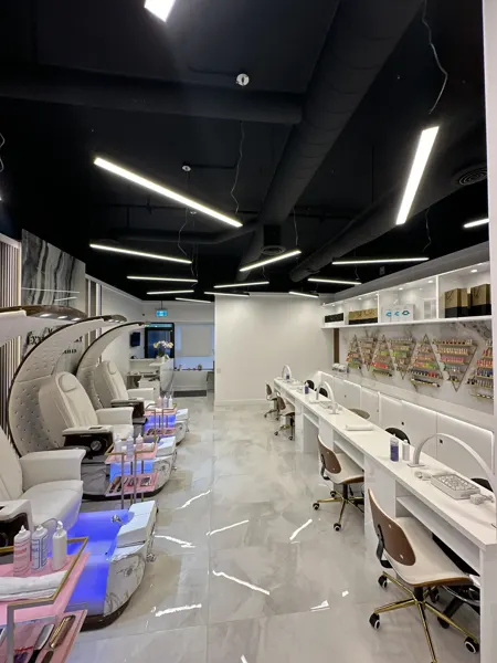 Finished salon interior from the entrance side