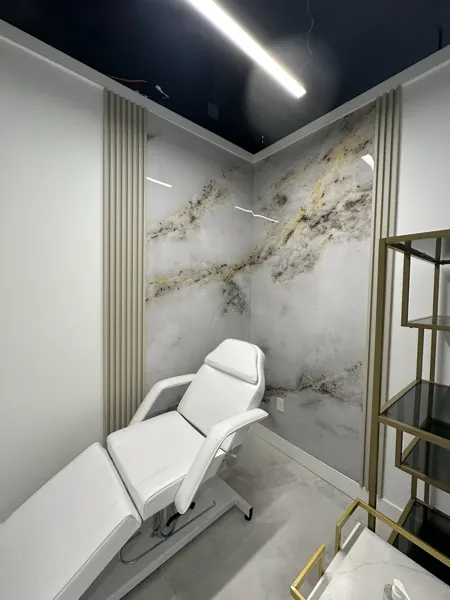 Completed treatment chair, cabinetry and feature wall
